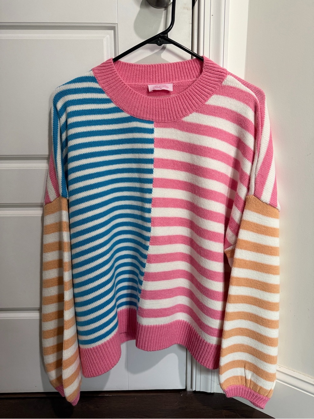 Pink Lily Striped Colorblock Crewneck Sweater - Pink, Blue & Orange